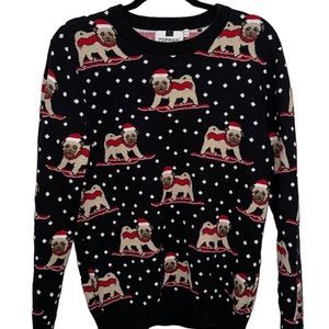 Black Christmas sweater, pug skiing. Top man.